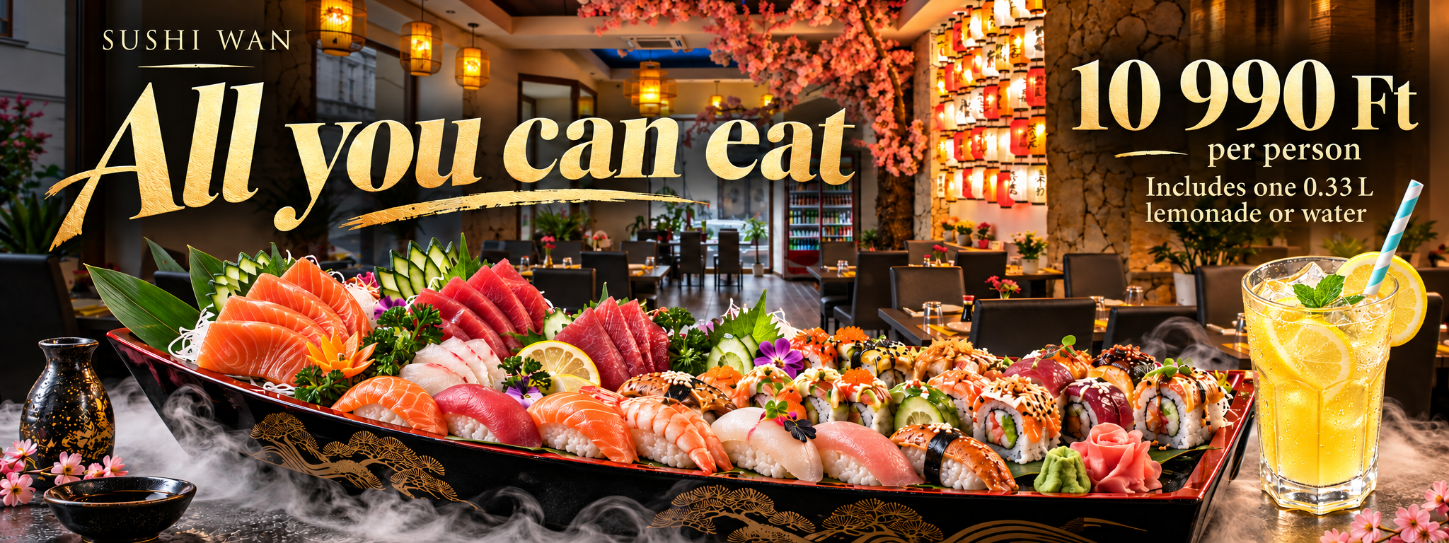 SUSHI WAN All You Can Eat · 10 990 Ft per person · Includes one 0.33 L lemonade or water